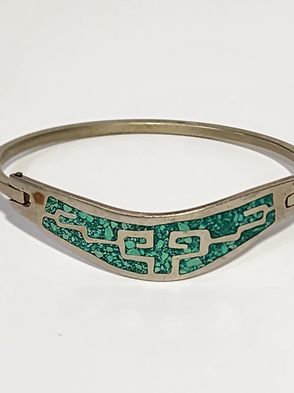 Southwest Turquoise Inlay Hinged Bangle Bracelet Silver Tone Mexico 6.5"